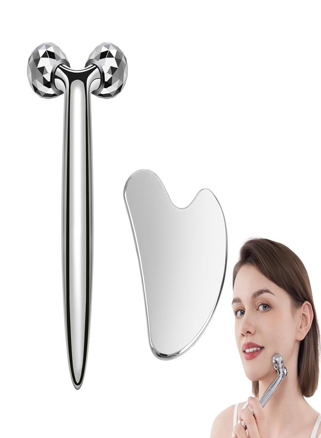 InfiniteRelax 3D Gua Sha Facial Tools Metal Face Roller Stainless Steel Gua Sha Set Cooling Massage Tools for Reduce Puffiness, Firm Skin, Anti-Aging Care - Daily Facial Sculpting Gift for Women - Image 1